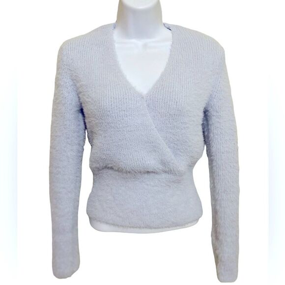 Pink Rose SZ Medium Ice Blue Babydoll Eyelash Fuzzy Sweater Cropped Ribbed Waist - Picture 6 of 11